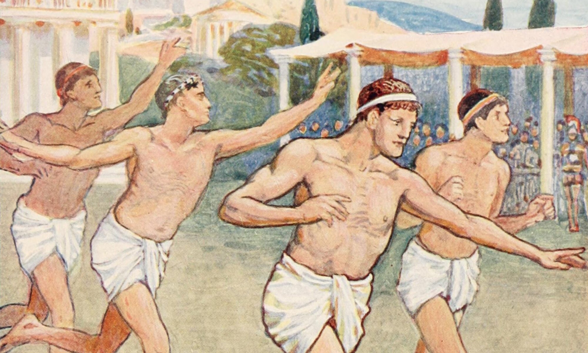 Bieg w starożytnej Grecji. Ilustracja Waltera Crane'a do książki The Story of Greece Told to Boys and Girls Mary MacGregor (1914).